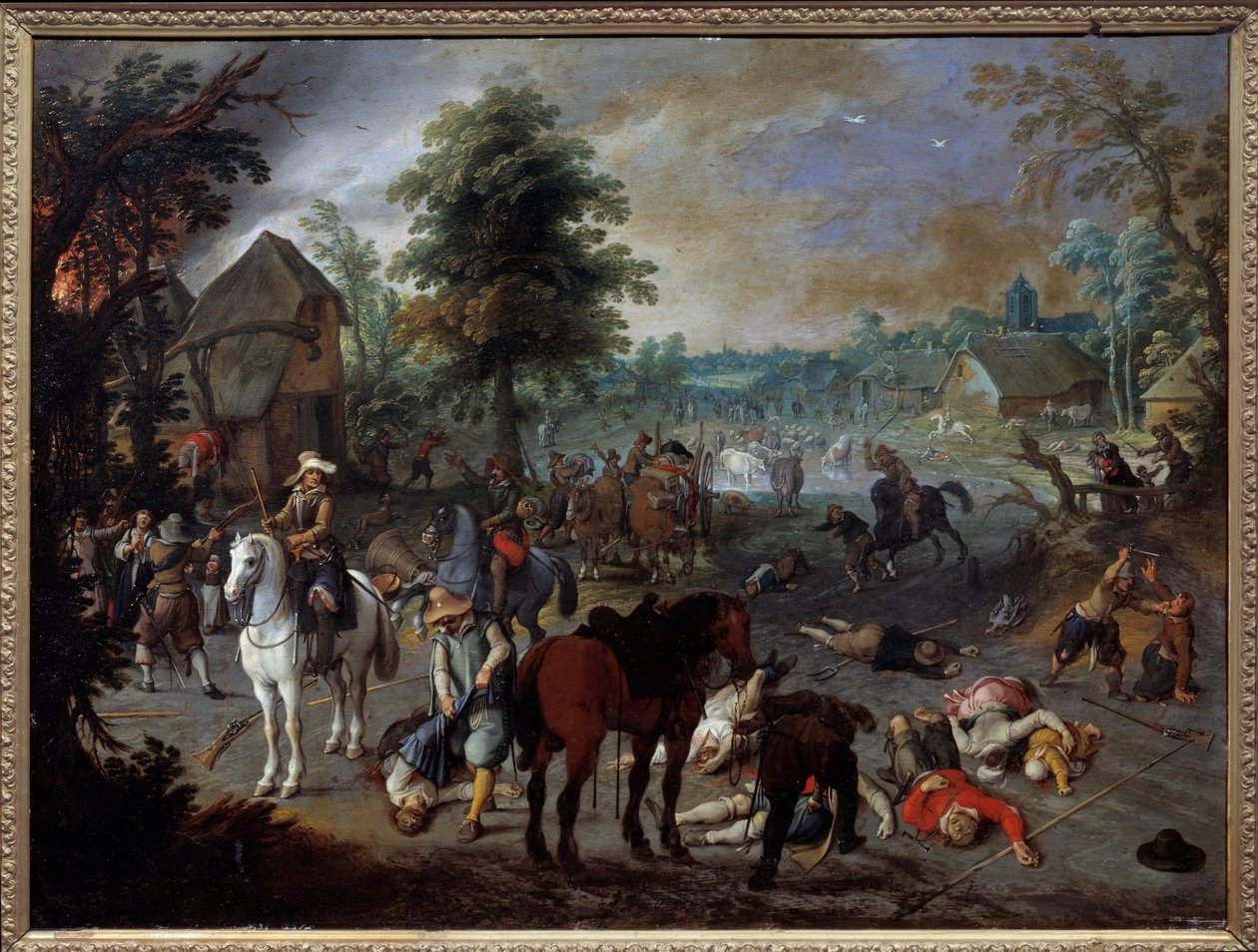 Scéna rabování ve vesnici Obraz Sebastiena Vrancxe (1573-1647) (ec.flam.) Nimes ze 17. století, Muzeum výtvarných umění od Sebastian Vrancx