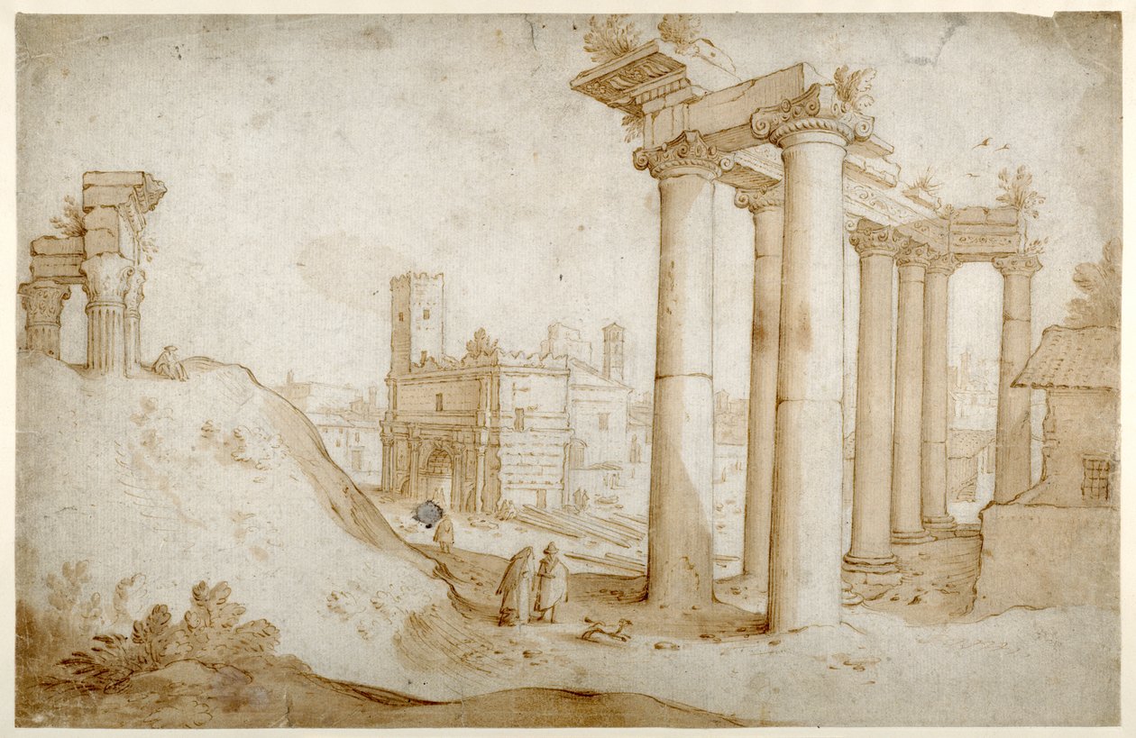 Forum Romanum s chrámem Tita a Vespasiana, chrámem Saturna a obloukem Septimia Severa (pero a hnědý inkoust s hnědým lavírováním, na papíře) od Sebastian Vrancx