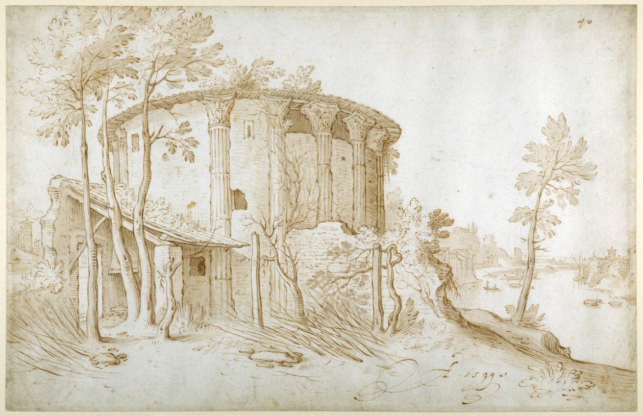 Chrám Vesty ve Forum Boarium, při pohledu ze severu, Tibera vpravo, kolem roku 1650 (pero a inkoust s perem na papíře) od Sebastian Vrancx
