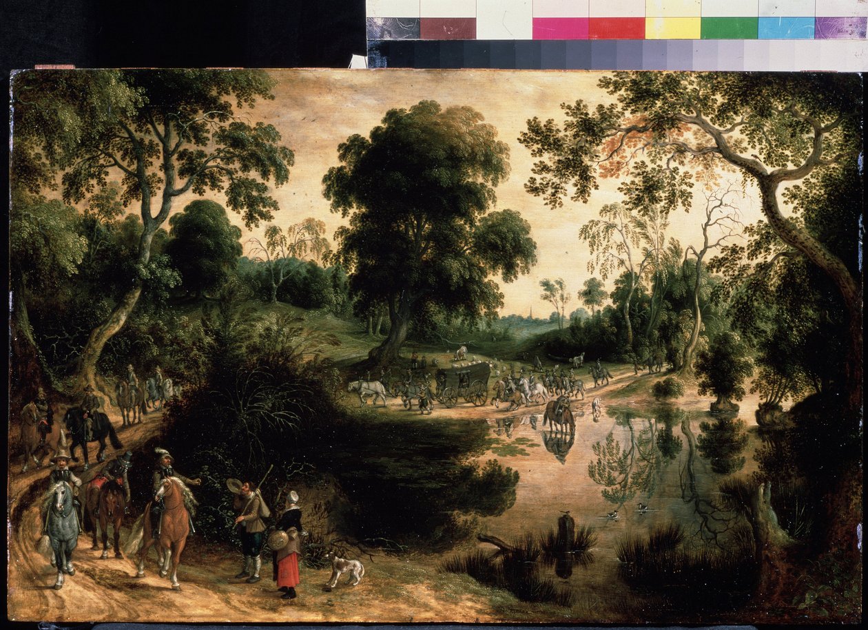 Cestování s vojenským doprovodem. Obraz Sebastiaena Vrancxe (1574-1647). Olej na dřevě, 38,5 x 59 cm, kolem roku 1610. Vlámské umění, barokní umění. Puškinovo muzeum výtvarných umění, Moskva. od Sebastian Vrancx