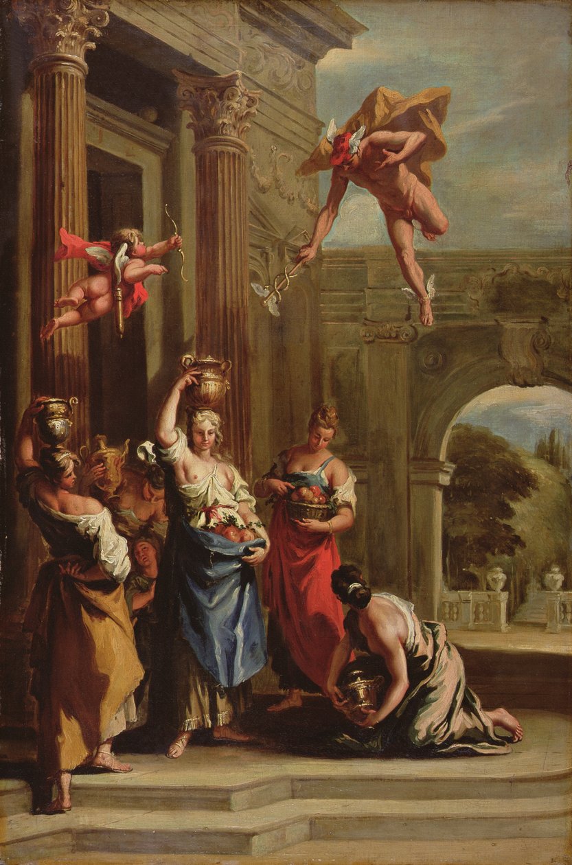 Merkur, Herse a Aglauros (olej na plátně) od Sebastiano (school of) Ricci
