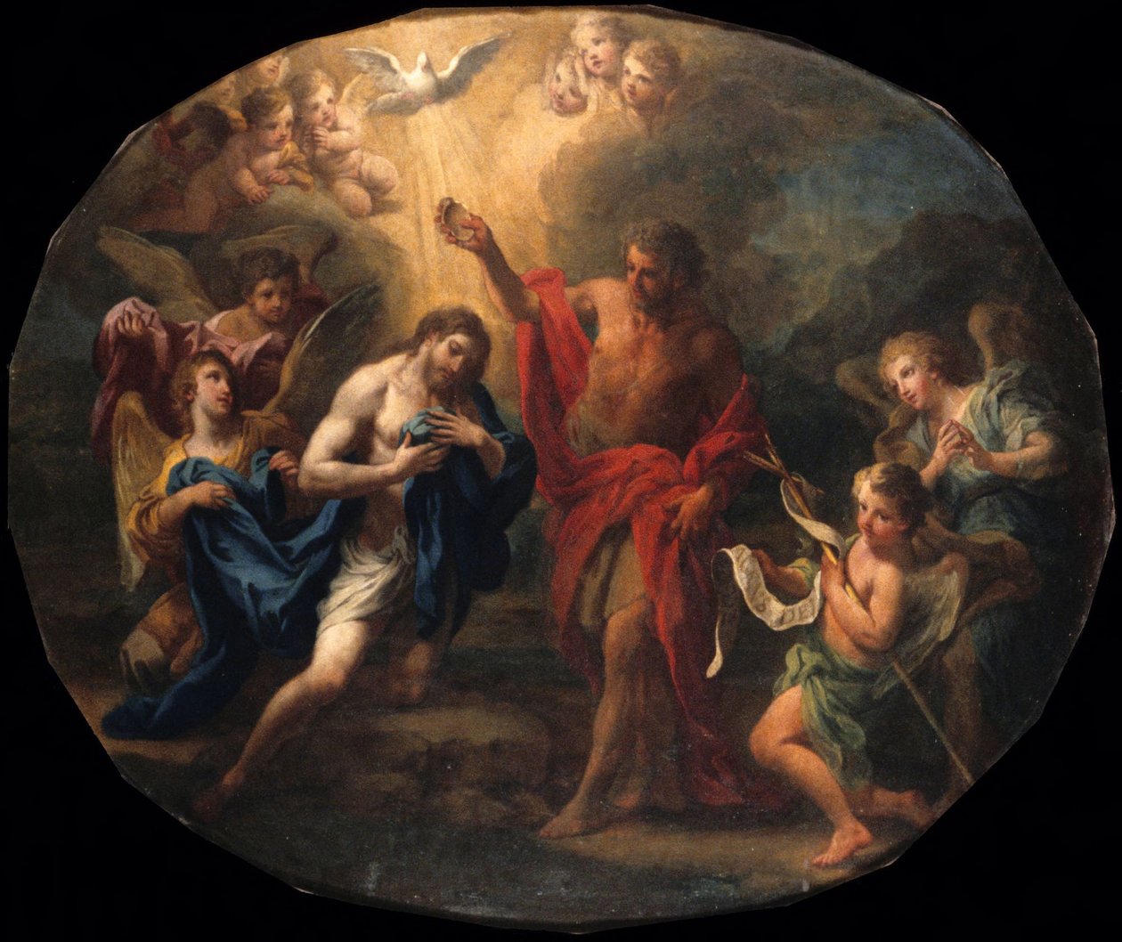 Líc: Kristův křest; rub: Portrét svatého biskupa od Sebastiano Conca