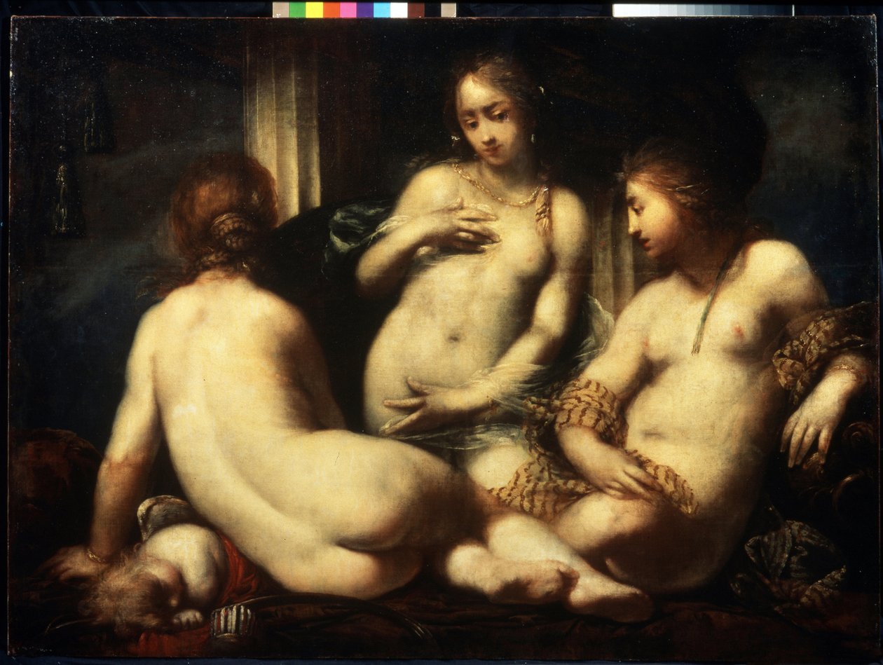 Les trois graces. (The Three Graces). Peinture de Sebastiano Mazzoni (1611-1678), vers 1650. Art florentin style baroque. Huile sur toile. Musee des Beaux Arts Pouchkine, Moscou   1323562   cs       czech Successfully Translated  Original: Tarpeia Crushed  od Sebastiano Mazzoni