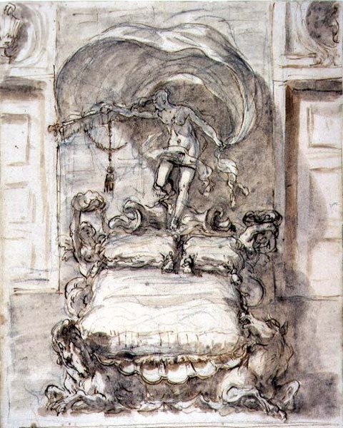Postel s mořskými koníky a Fortune (hnědý inkoust a omývání přes křídu) od Sebastiano Ricci