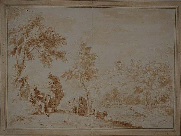 Rozsáhlá pastorační krajina s Hill-town, cca 1720 (hnědý inkoust a mytí) od Sebastiano Ricci
