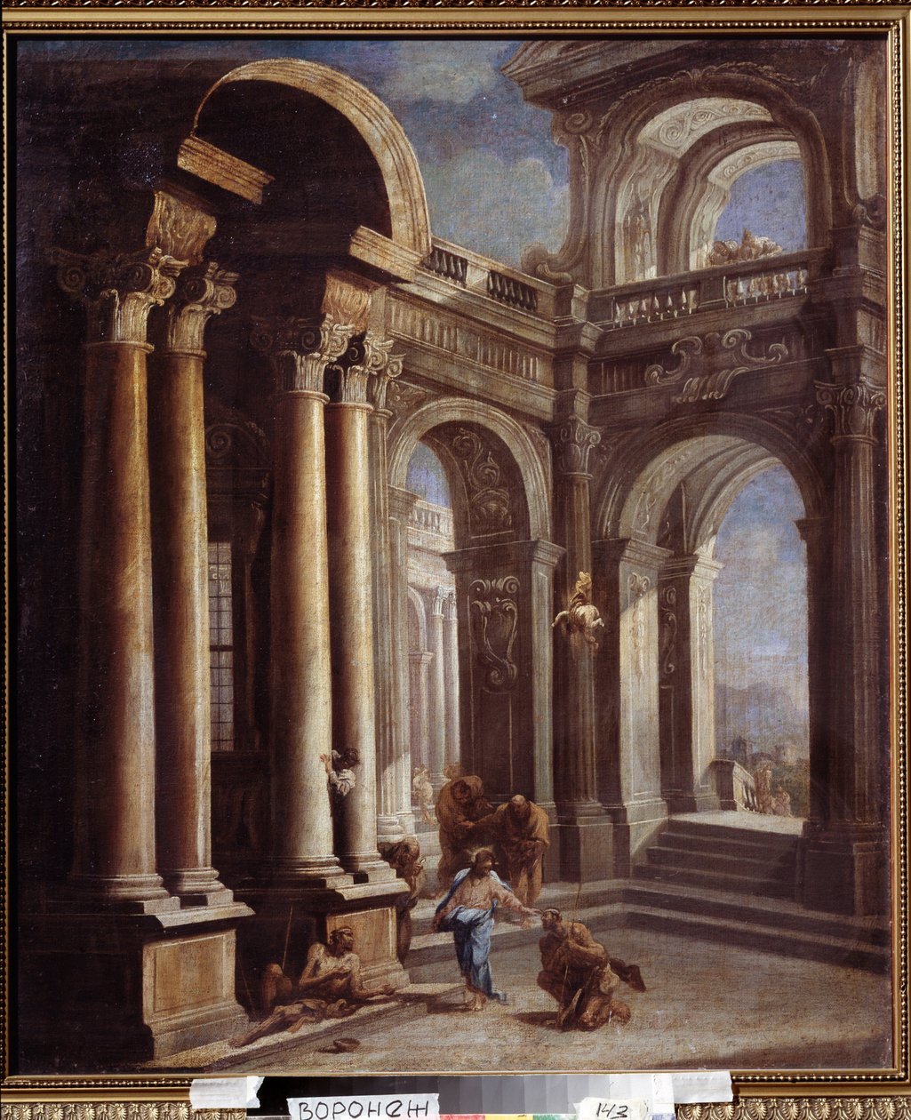Uzdravení slepého Bartimea z Jericha. Uzdravení slepého muže z Jericha. Obraz Sebastiana Ricciho (1659-1734). Olej na plátně. Barokní italské umění. Ivan Kramskoy (nebo Kramskoi) Muzeum výtvarného umění ve Voroněži (Voronezh), Rusko. od Sebastiano Ricci