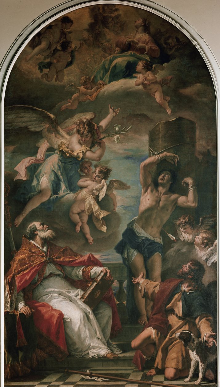 Panna ve slávě s archandělem Gabrielem, svatým Eusebiem, svatým Sebastianem a svatým Rochem (olej na plátně od Sebastiano Ricci