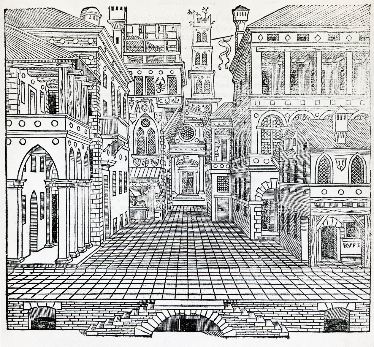 Magická scéna, návrh divadelní scény Sebastiano Serlio (1475-1554), ilustrace z Pojednání o architektuře, kniha II od Sebastiano Serlio