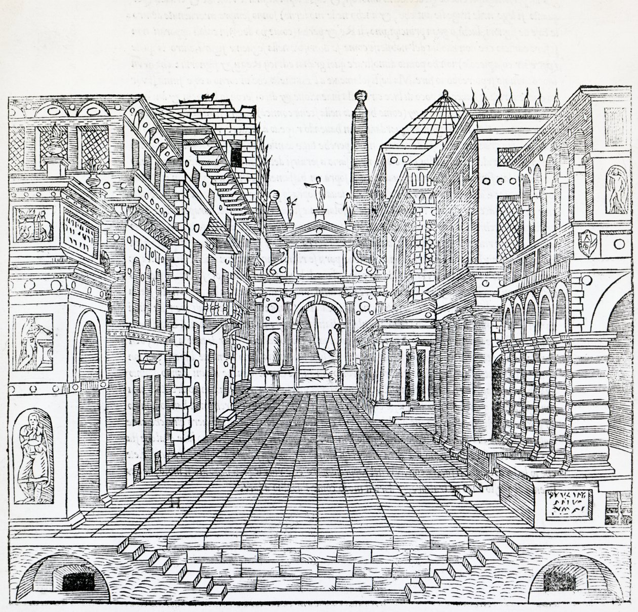 Magická scéna, návrh divadelní scény Sebastiano Serlio (1475-1554), ilustrace z Pojednání o architektuře, kniha II od Sebastiano Serlio
