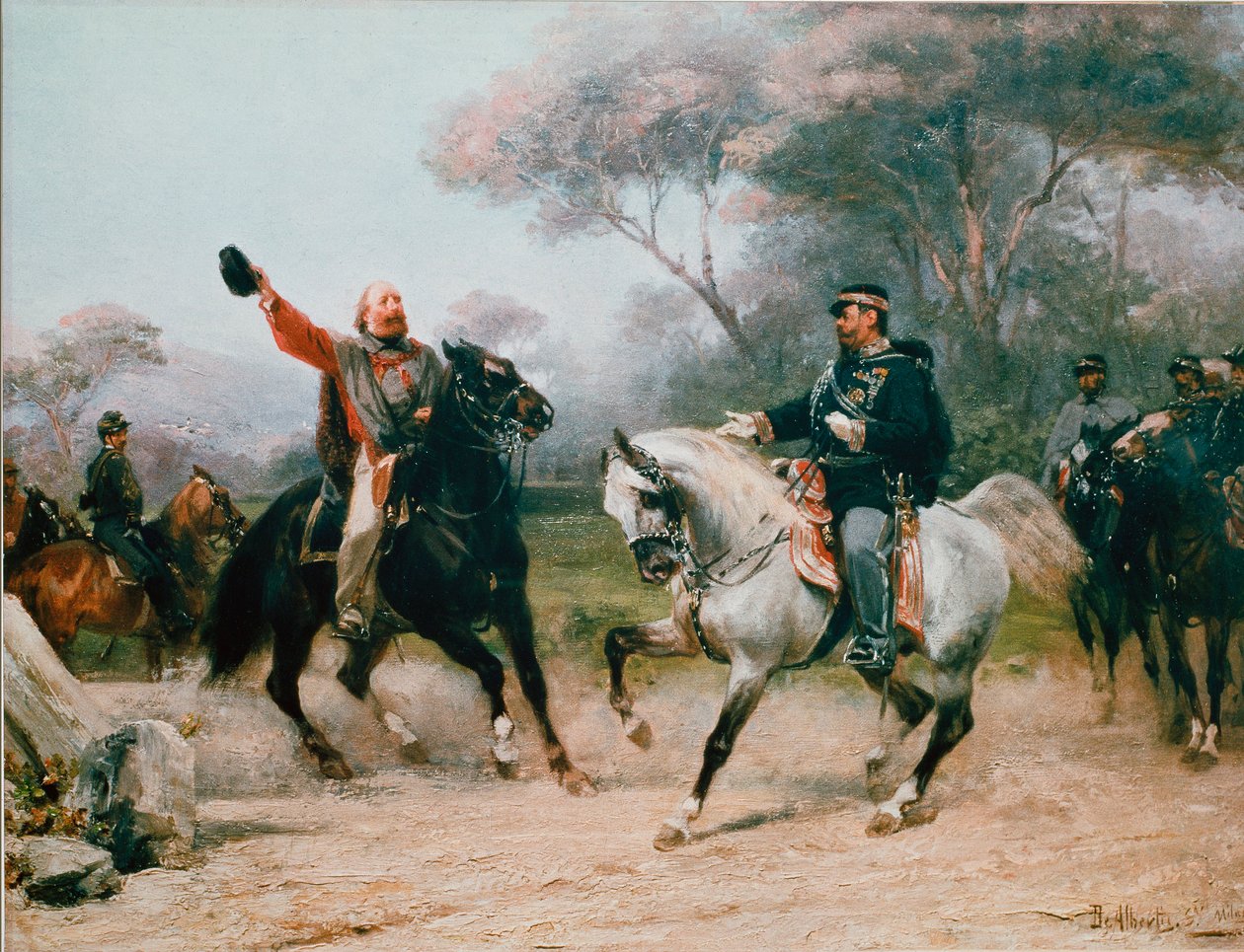 Giuseppe Garibaldi (1807-1882) se setkává s Vittoriem Emanuelem II. (Victor Emmanuel) (Victor-Emmanuel) ze Savoye do Teana 26. 10. 1860 Obraz Sebastiana De Albertise (1828-1897) 19. století Milán, Museo del Ri Milanimento od Sebastiano de Albertis
