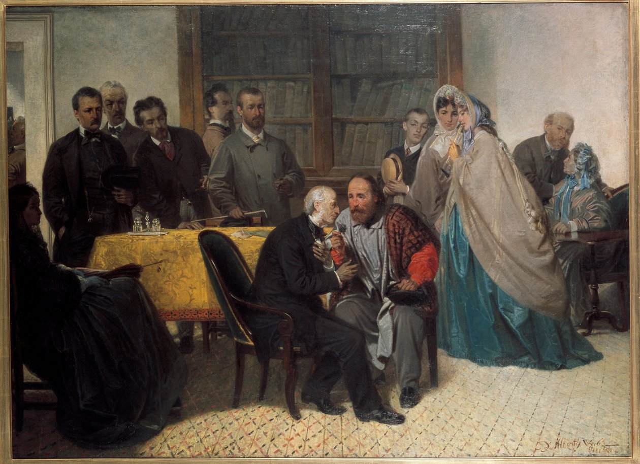 Italský patriot Giuseppe Garibaldi se setkává s italským spisovatelem Alessandrem Manzonim (olej na plátně). od Sebastiano de Albertis