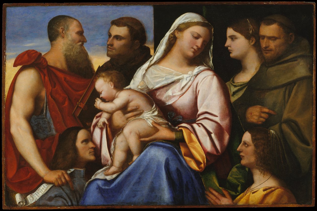 Madona s dítětem se světci a dárci, asi 1485-1547 (olej na dřevě) od Sebastiano del (c.1485 1547) (attr. to) Piombo