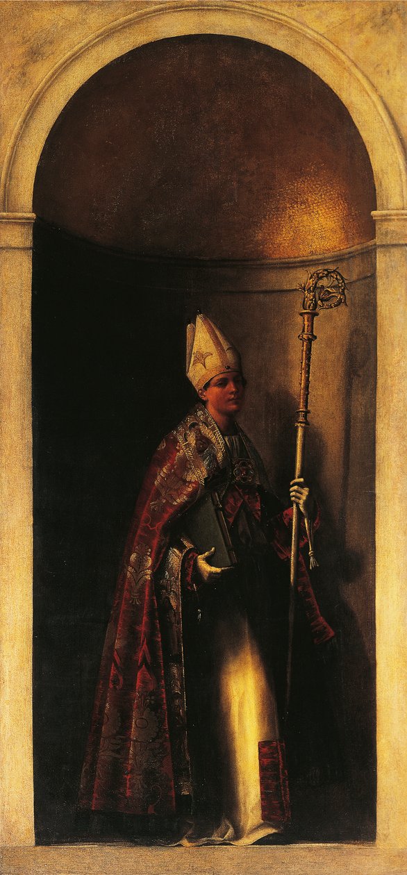 Svatý Ludvík z Toulouse, výzdoba z varhanních dveří, cca 1509, Sebastiano del Piombo (cca 1485-1547), olej na plátně, 293x137 cm, Kostel San Bartolomeo, Benátky, Itálie od Sebastiano del (c.1485 1547) Piombo