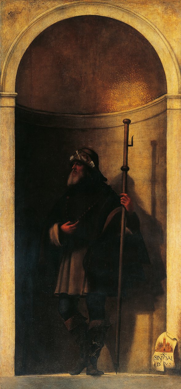St Sinibald, dekorace z varhanních dveří, ca 1509, Sebastiano del Piombo (asi 1485-1547), olej na plátně, 293x137 cm, Kostel San Bartolomeo, Benátky, Itálie od Sebastiano del (c.1485 1547) Piombo