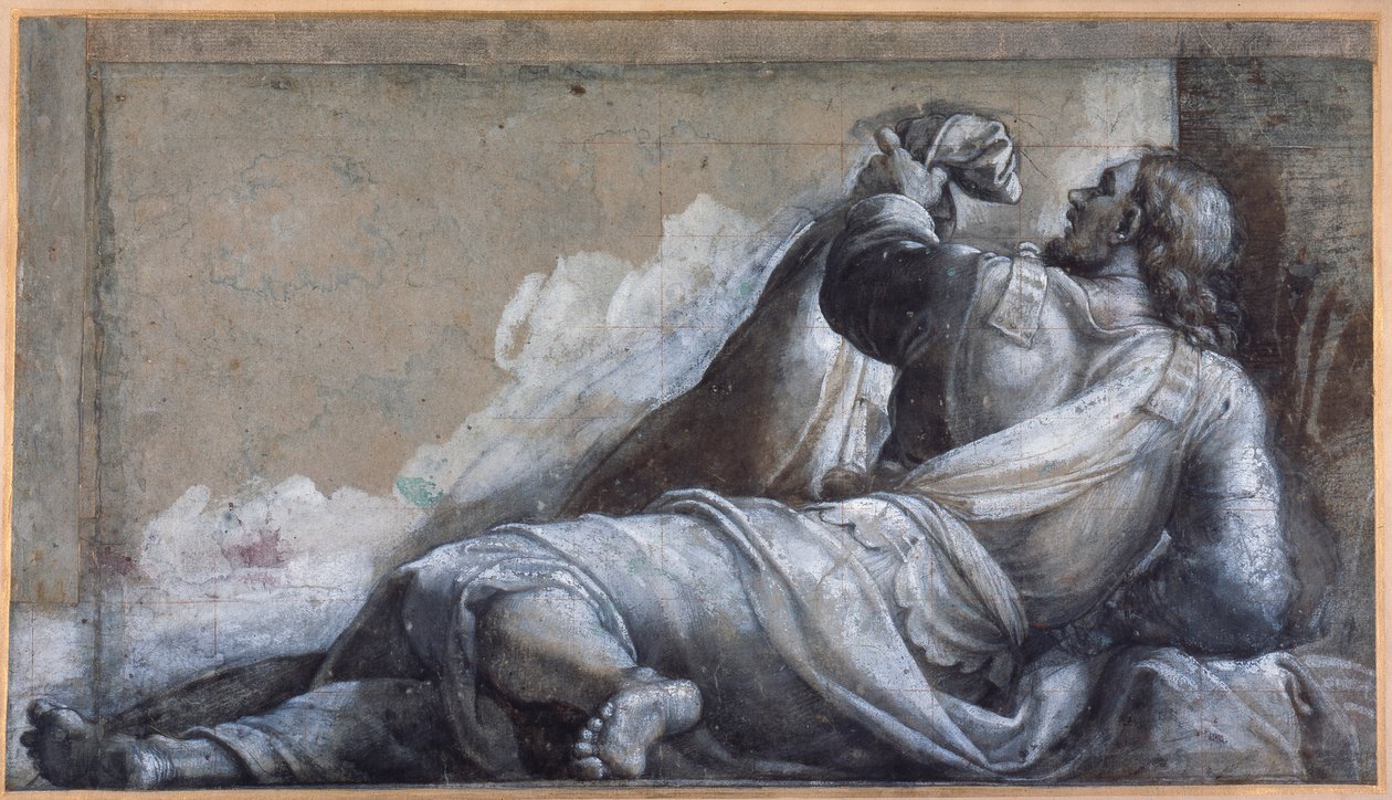 Ležící apoštol (černá křída s hnědou barvou na carta azzurra) od Sebastiano del (c.1485 1547) Piombo