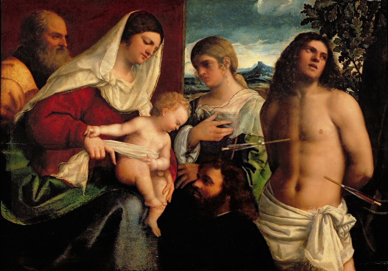 Sacra Conversazione s SS. Catherine, Sebastian a Svatá rodina od Sebastiano del Piombo