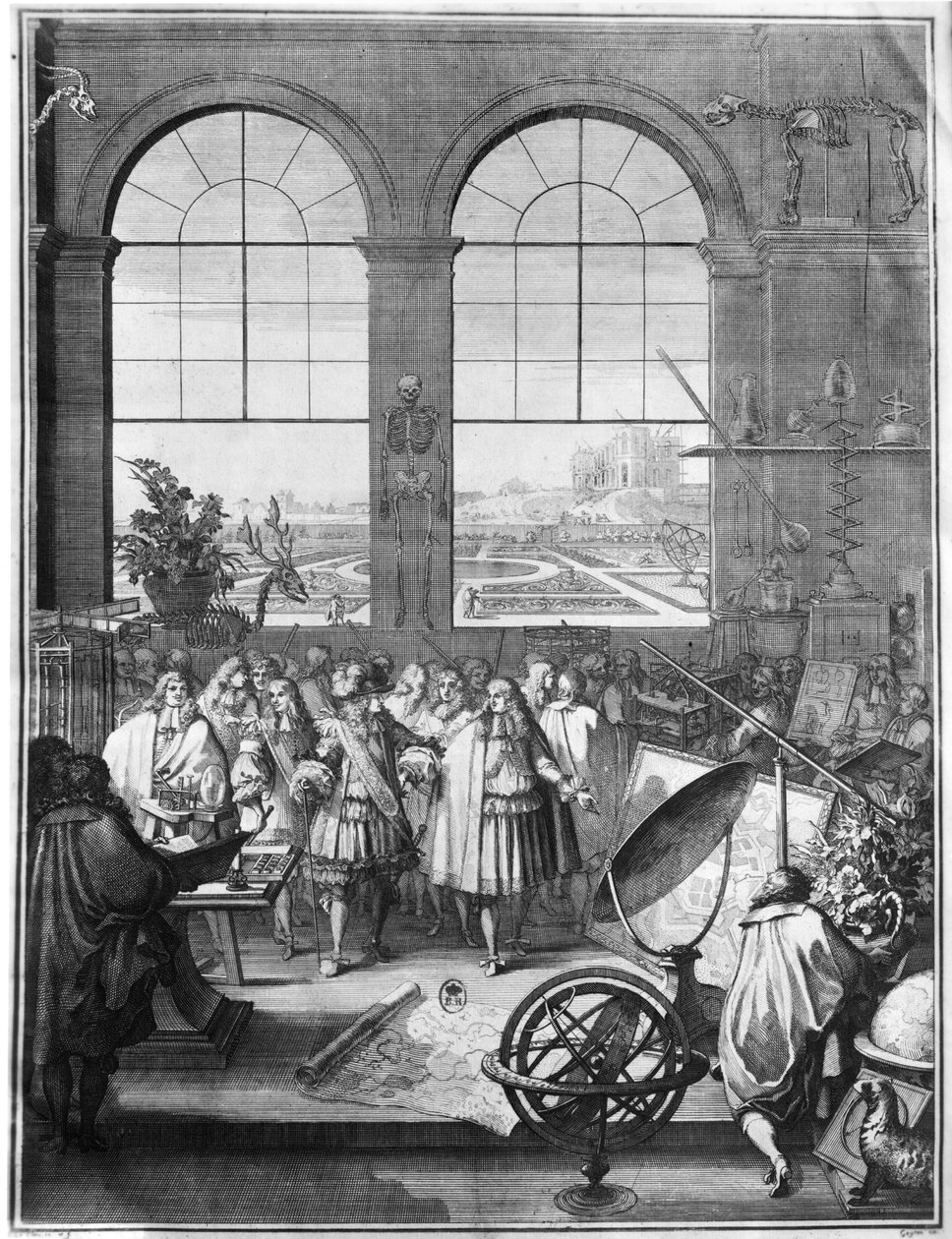 Louis XIV (1638-1715) a jeho doprovod na návštěvě Královské akademie věd po roce 1665 od Sebastien I Le Clerc