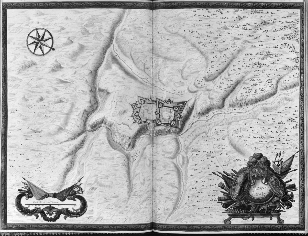 Paní 986 Atlas 1081 Plán a mapa města, citadely a okolí Mont-Louis, 1665 od Sebastien Le Prestre de Vauban