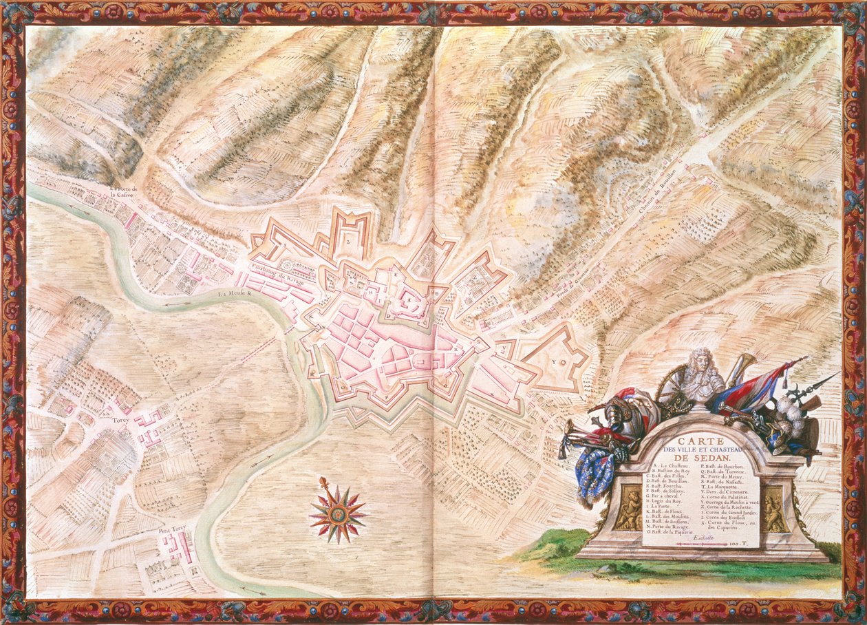 Ms. 988, Vol.3 fol.16 Plán a mapa města a hradu Sedan, z Atlasu Ludvík XIV, 1683-88 od Sebastien Le Prestre de Vauban