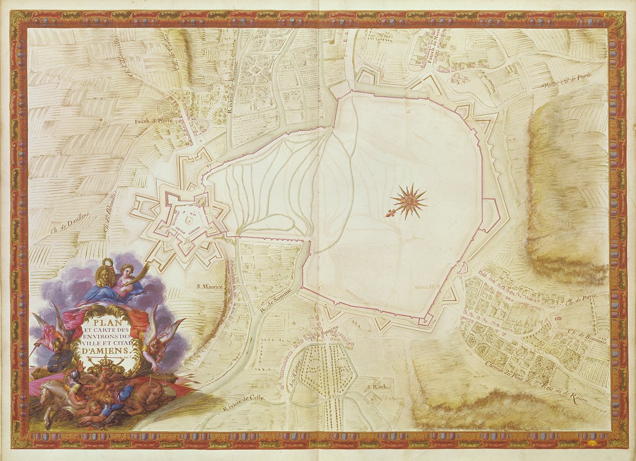 Ms. 988, Vol.3 fol.7 Plán a mapa města, citadely a okolí Amiens, z 