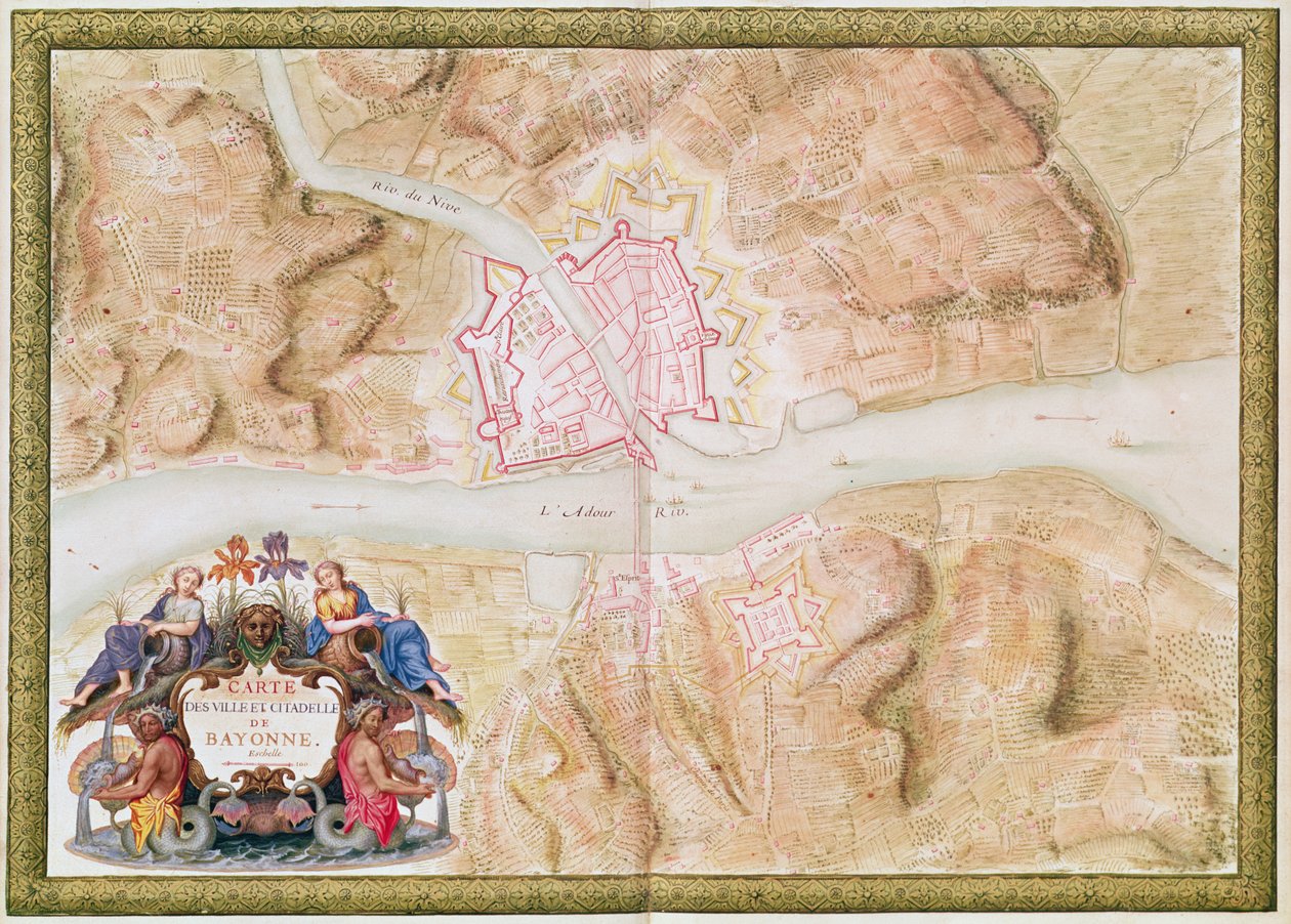 Ms 988 tome 3 fol.45 Plán a mapa města a citadely v Bayonne, z 