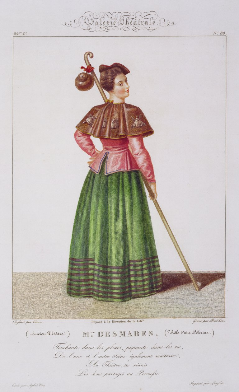 Mademoiselle Desmares v roli poutnice, deska 88 z Theatrical Gallery, vyryla Jean Prudhon (nar. 1778) pub. 1812-34 od Sebastien after Coeure