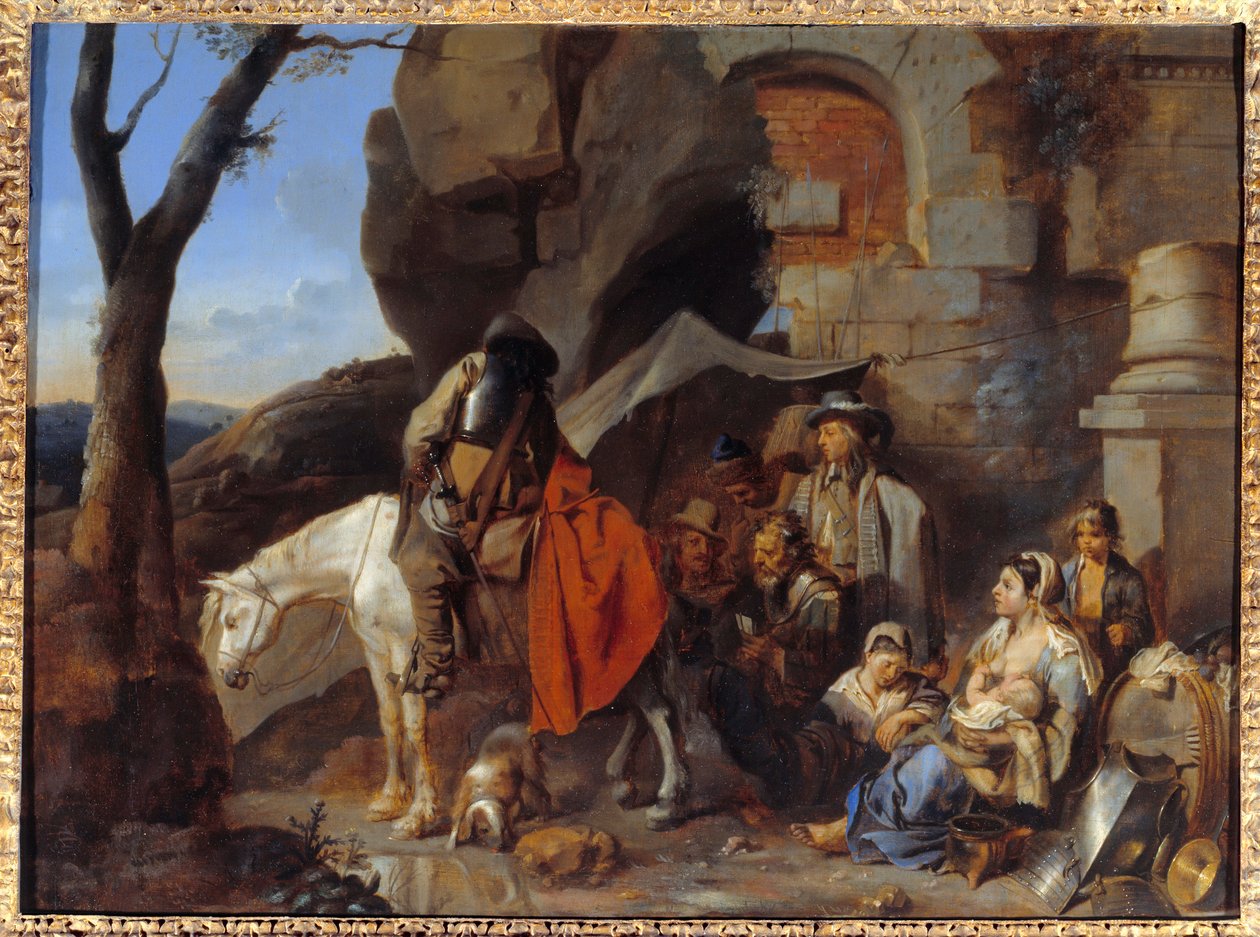 Zastavení vojáků, dříve nazývané Halte de bohemiens Obraz od Sebastiena Bourdona (1616-1671) Slunce 17. století. 0,43x0,58 m od Sébastien Bourdon