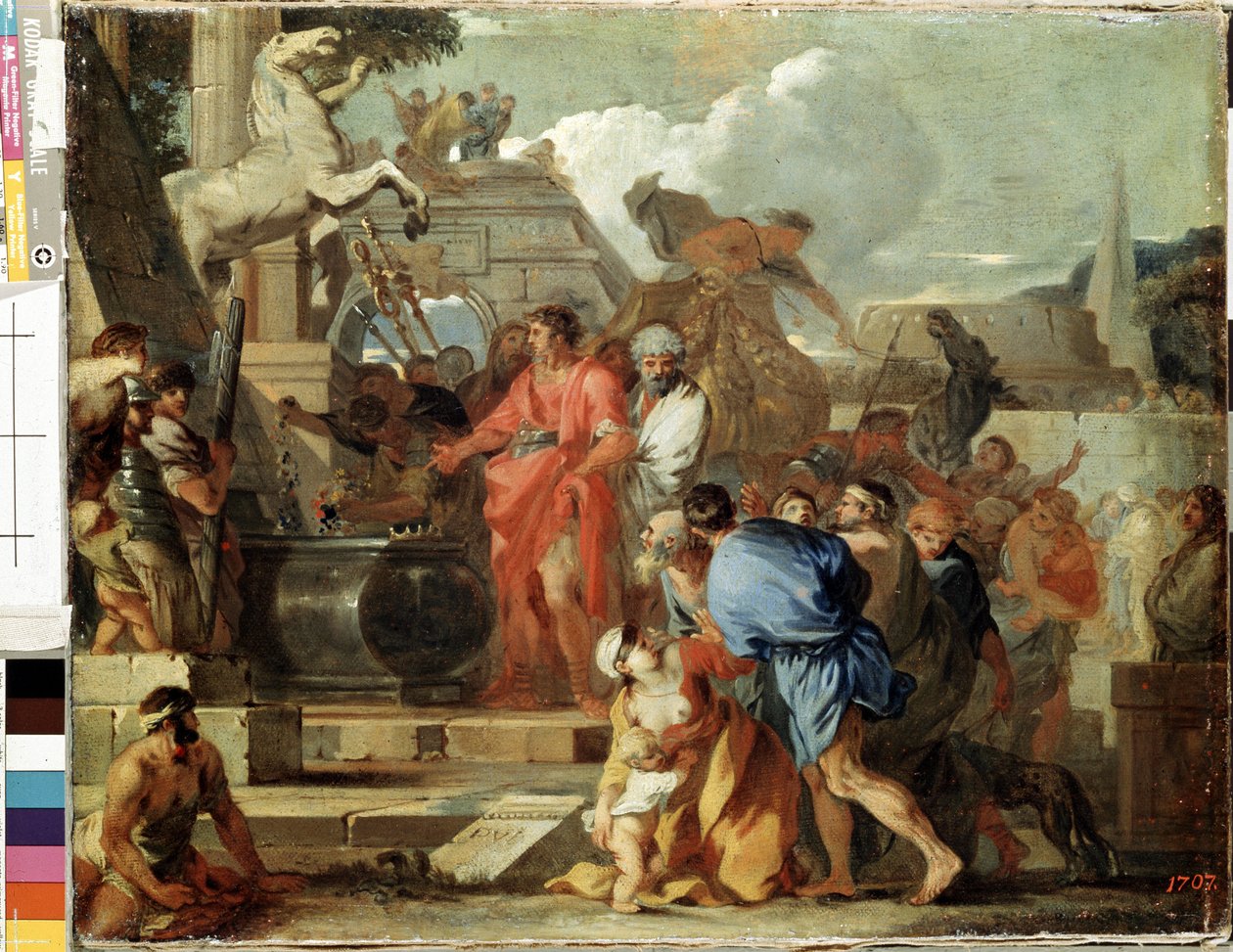 ""Císař Augustus navštěvuje hrob Alexandra Velikého během jeho egyptského tažení"" (Augustus před hrobem Alexandra Velikého) Obraz Sebastiena Bourdona (1616-1671) 1650-1660 Ne. 45,5 x 56,5 cm Muzeum Ermitáže, Petrohrad od Sébastien Bourdon