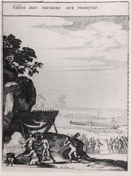 Divoši na návštěvě u Francouzů, z „Histoire des Antilles habitees par les Francais“ od reverenda otce du Tertre od Sebastien I Le Clerc