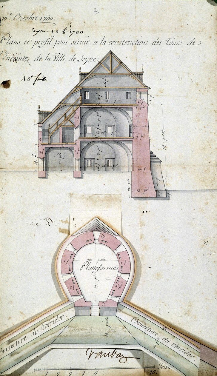 Plán a řez věží města Seyne, Vauban, 10. října od Sebastien Le Prestre de Vauban