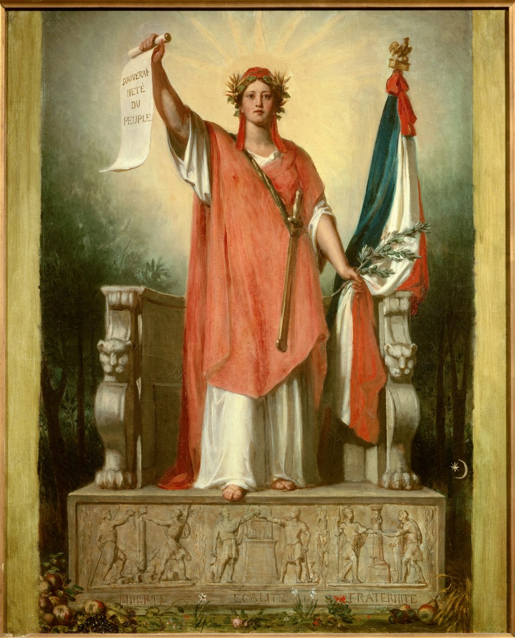 Republika. Personifikace republiky (Marianne) nesoucí pergamen, na kterém je napsáno „suverenita lidu“ a trikolorní vlajka. Obraz Sebastiena Cornu (1804-1870) od Sebastien Melchior Cornu