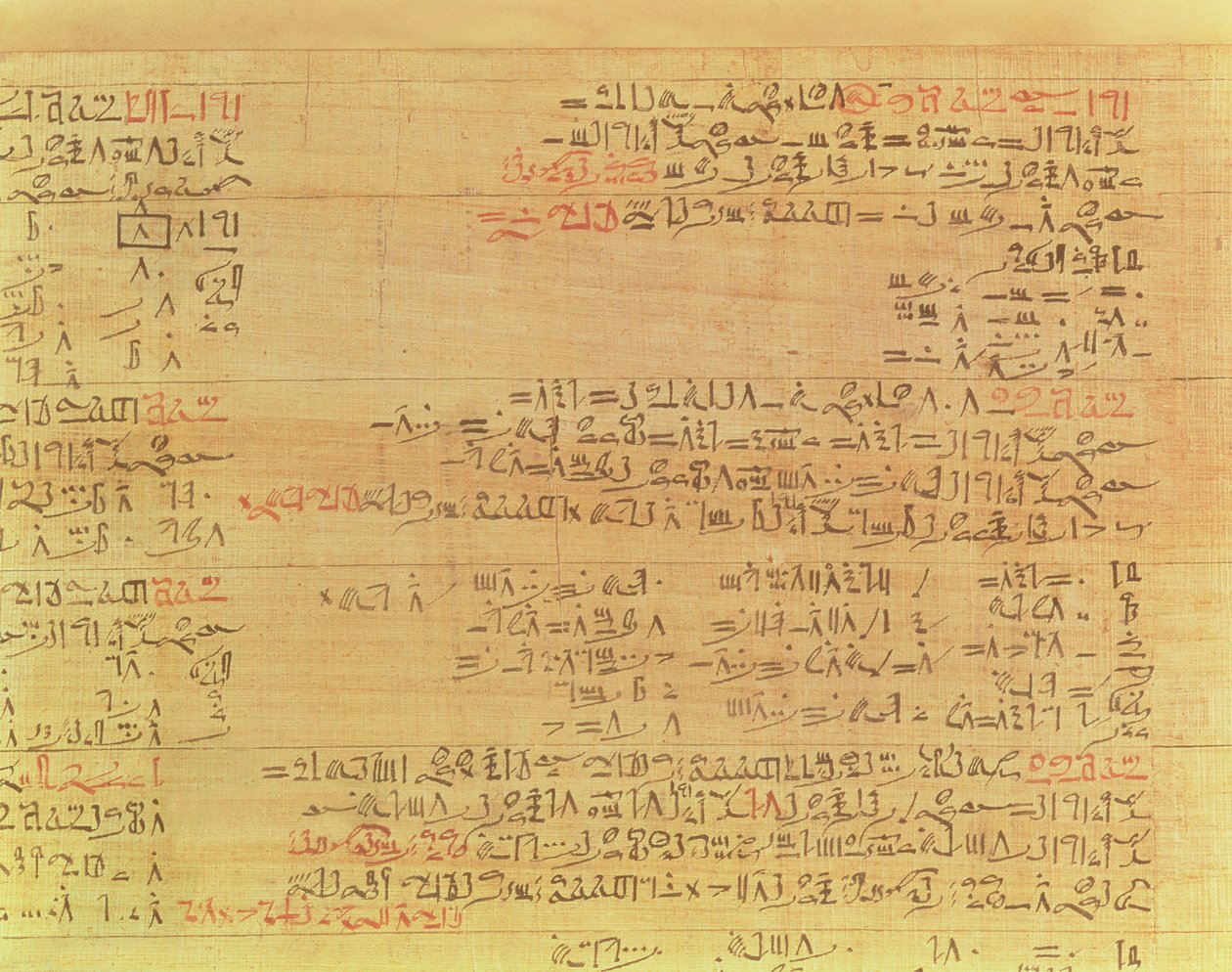 Detail Rhindova matematického papyru, Hyksóské období, 15. dynastie, cca 1550 př. n. l. papyrus viz také 9712 od Second Intermediate Period Egyptian