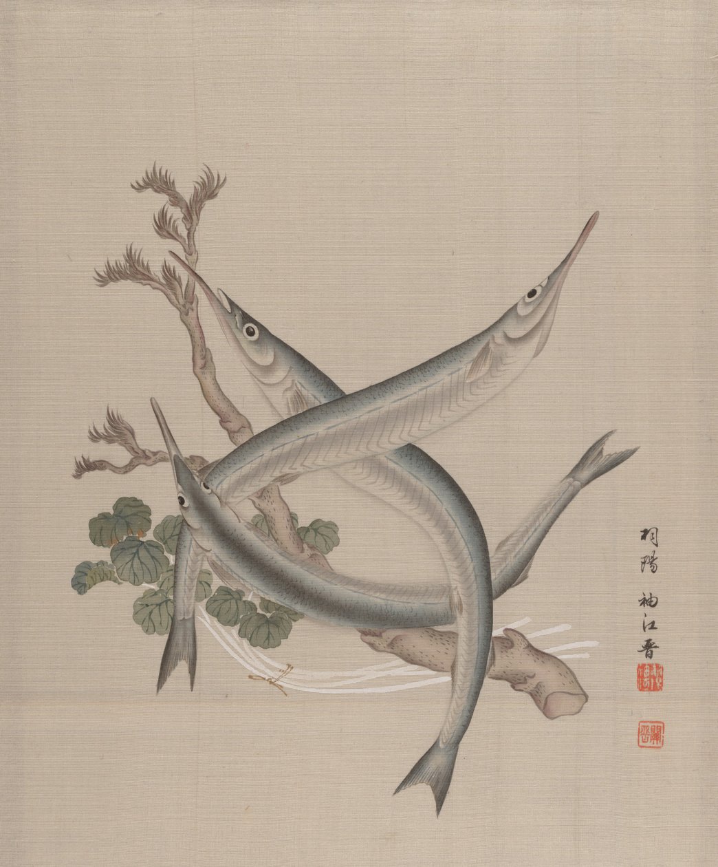 Tři ryby a větev, ca. 1890-92. od Seki Shuko