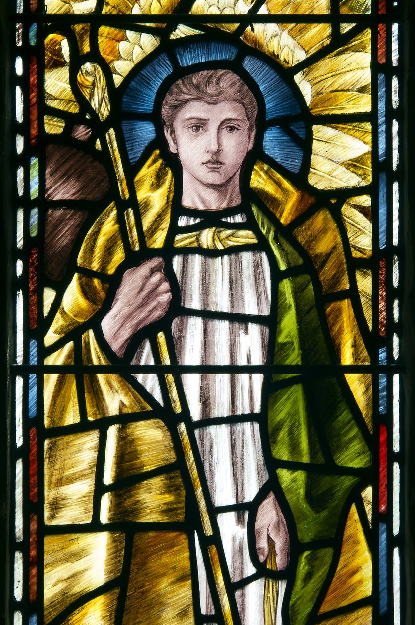 Mortehoe, St Mary, Heaton Butler & Bayne, Selwyn Image, Archanděl St Raphael detail, kolem roku 1890 od Selwyn Image Selwyn Image
