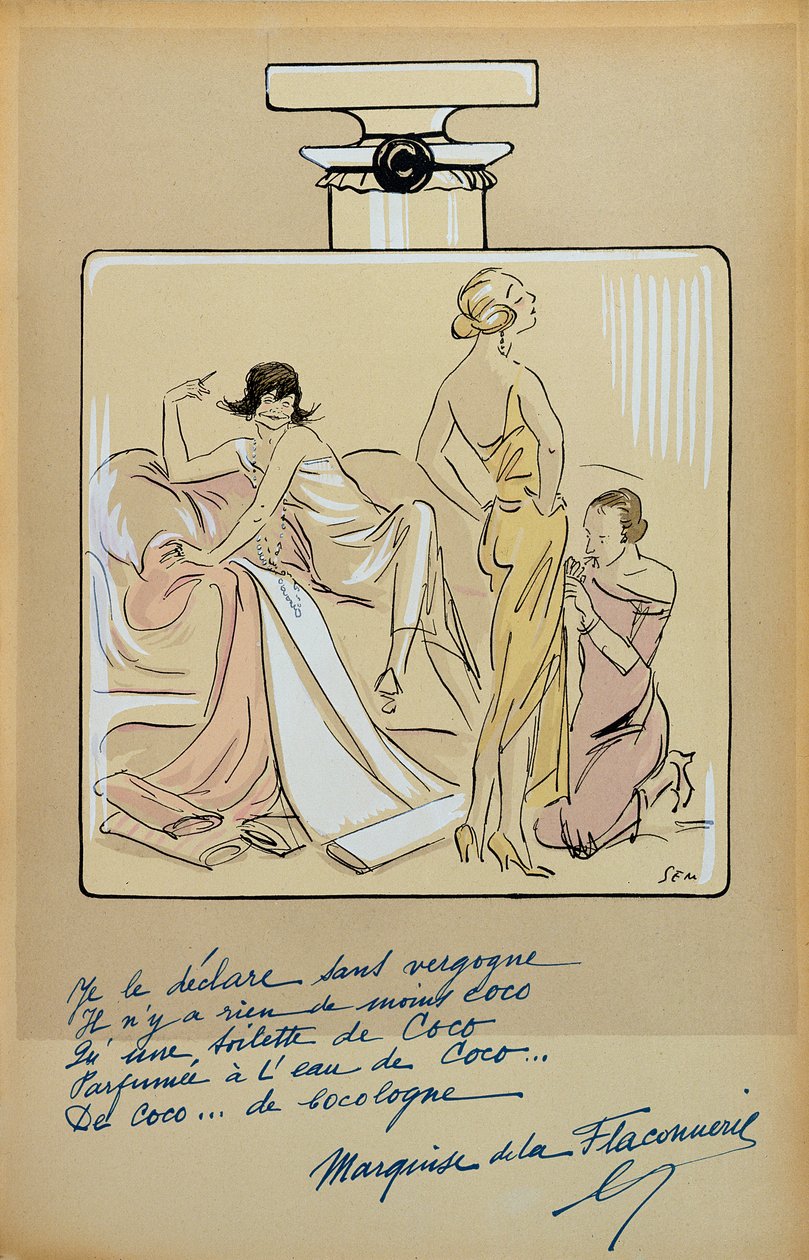 Karikatura Coco Chanel (1883-1971) v láhvi Chanel No. 5, z 