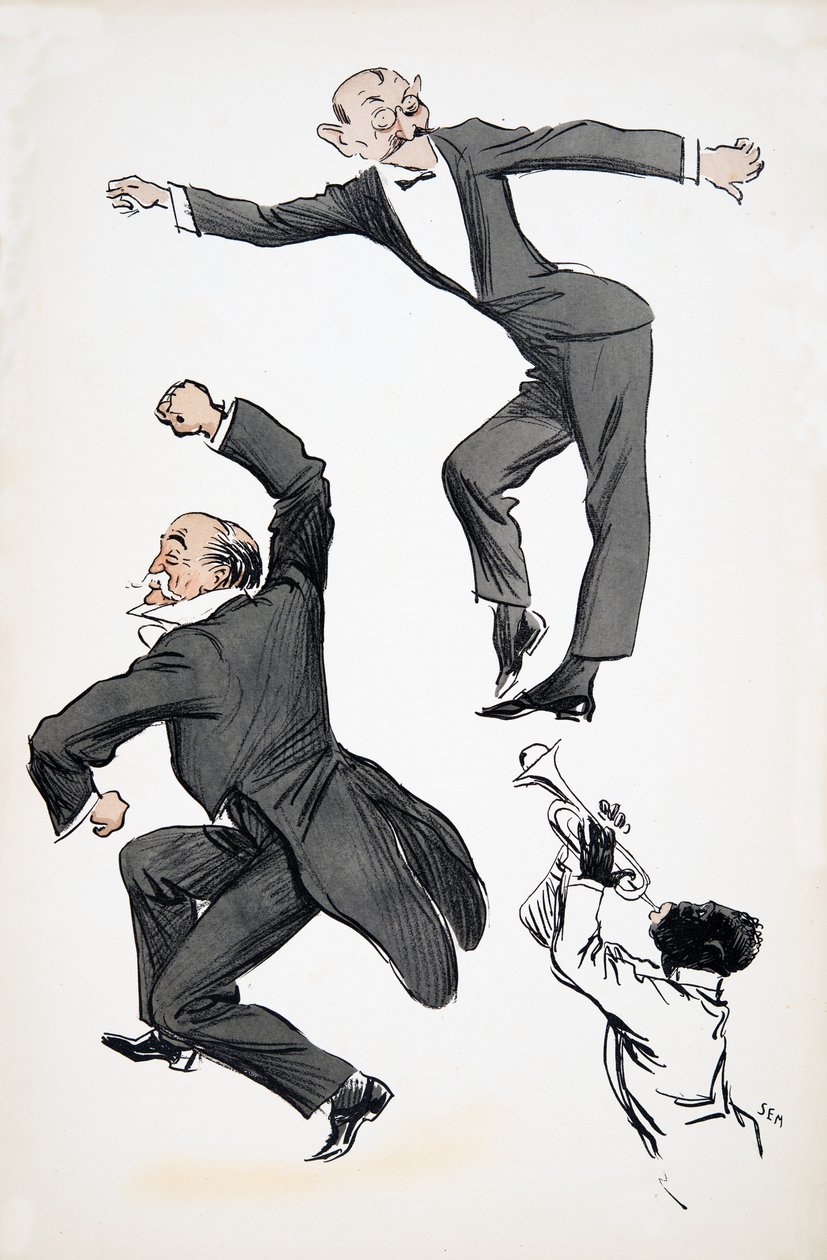 Starší pán ve fraku a mladší pán v černé kravatě tančí na hudebníka hrajícího na trubku, z hospody White Bottoms. 1927 (barevný blokový tisk) od Sem