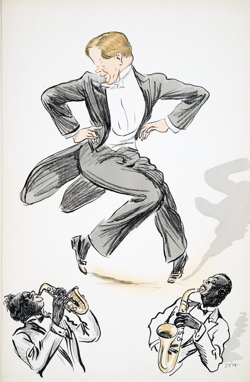 Gentleman in tails and white tie tančí na dva muzikanty hrající na saxofon, z hospody White Bottoms. 1927 (barevný blokový tisk) od Sem