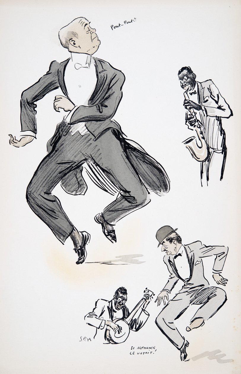 Pán v bílé kravatě a pán v buřince zkoušejí tanec na jazz v podání dvou hudebníků hrajících na saxofon a banjo z hospody White Bottoms. 1927 (barevný blokový tisk) od Sem
