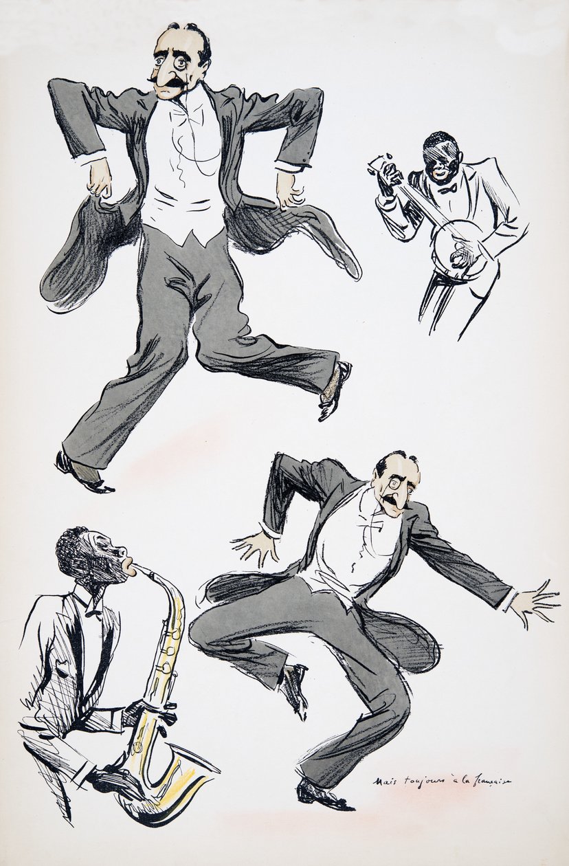 Tančí gentleman v bílé kravatě a ocasu, zatímco dva hudebníci hrají na saxofon a banjo, z hospody White Bottoms. 1927 (barevný blokový tisk) od Sem