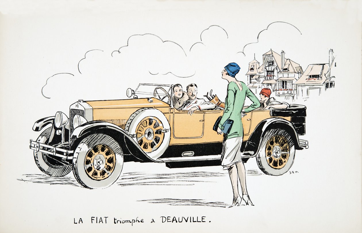 La Fiat triomphe a Deauville, z White Bottoms, hospoda. 1927 (barevný blokový tisk) od Sem