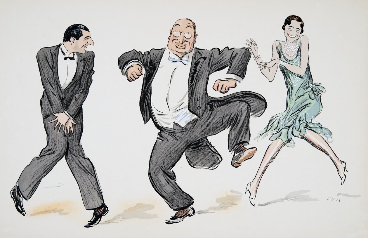 Jeden pán v černé kravatě, další pán v bílé kravatě a ocásku a žena ve světle zelených klapačkách a perličkách tančí charleston z hospody White Bottoms. 1927 (barevný blokový tisk) od Sem