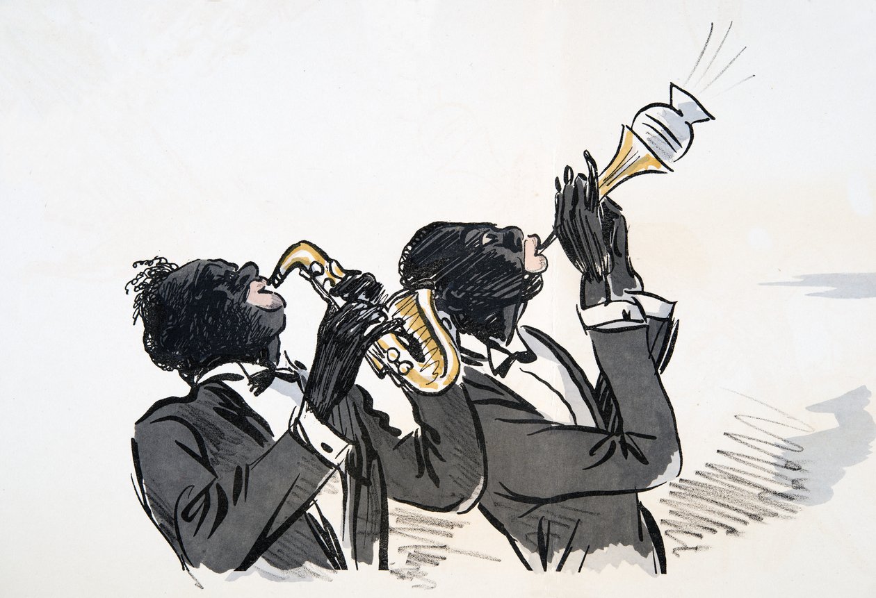 Saxofonista a trumpetista, od White Bottoms, hospoda. 1927 (barevný blokový tisk) od Sem