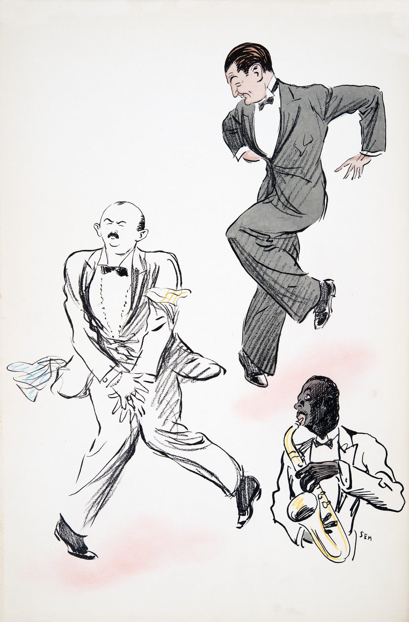Dva pánové v černé kravatě tančící na jazz, který hraje hudebník na saxofon, z hospody White Bottoms. 1927 (barevný blokový tisk) od Sem