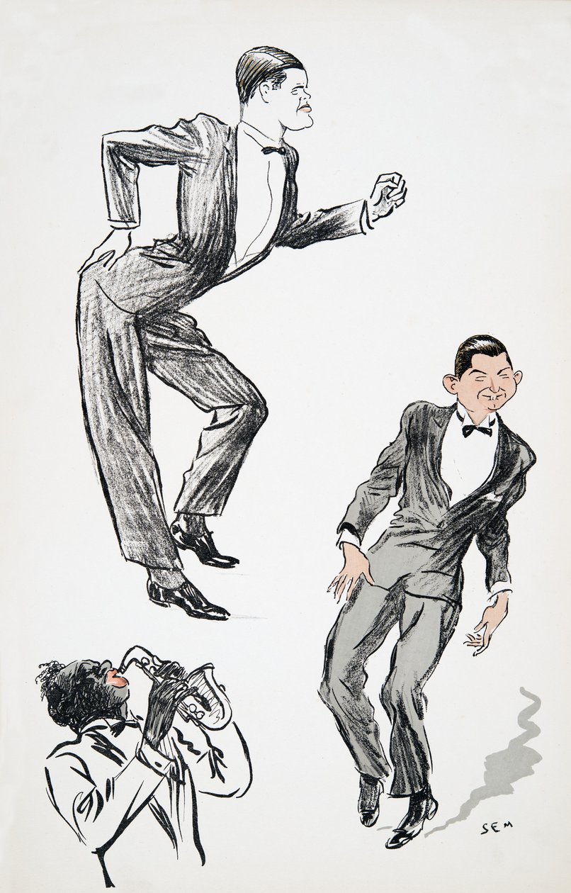 Dva muži v černé kravatě tančí s hudebníkem na saxofon z hospody White Bottoms. 1927 (barevný blokový tisk) od Sem
