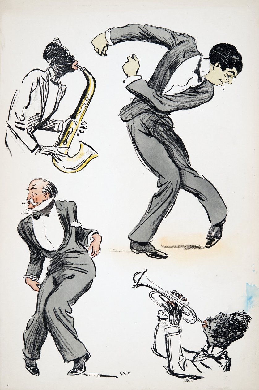 Tančí dva muži v oblecích, zatímco dva muzikanti hrají na saxofon a trubku, z hospody White Bottoms. 1927 (barevný blokový tisk) od Sem