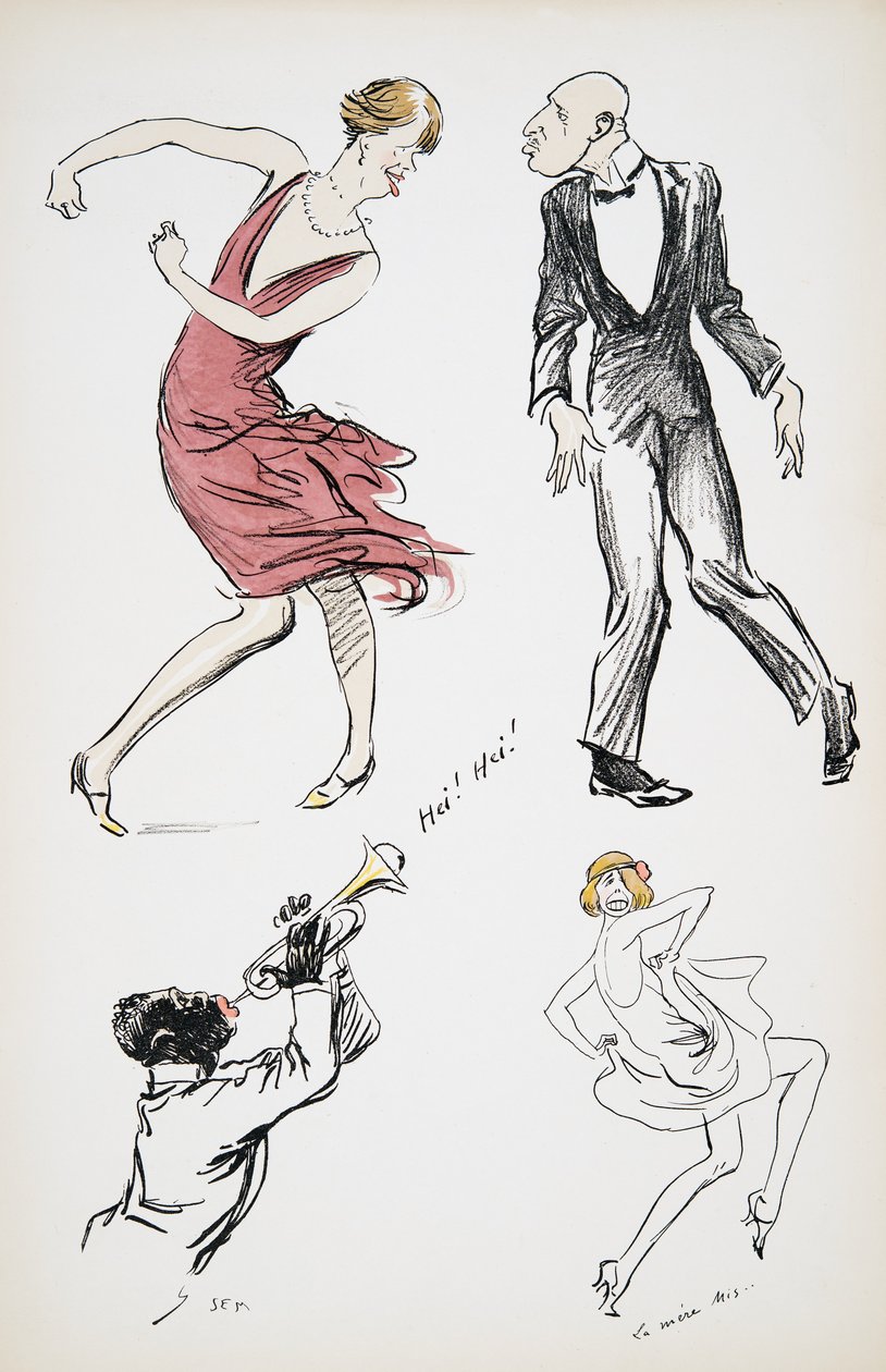 Dva transvestité a muž v černé kravatě tančí na saxofon z hospody White Bottoms. 1927 (barevný blokový tisk) od Sem