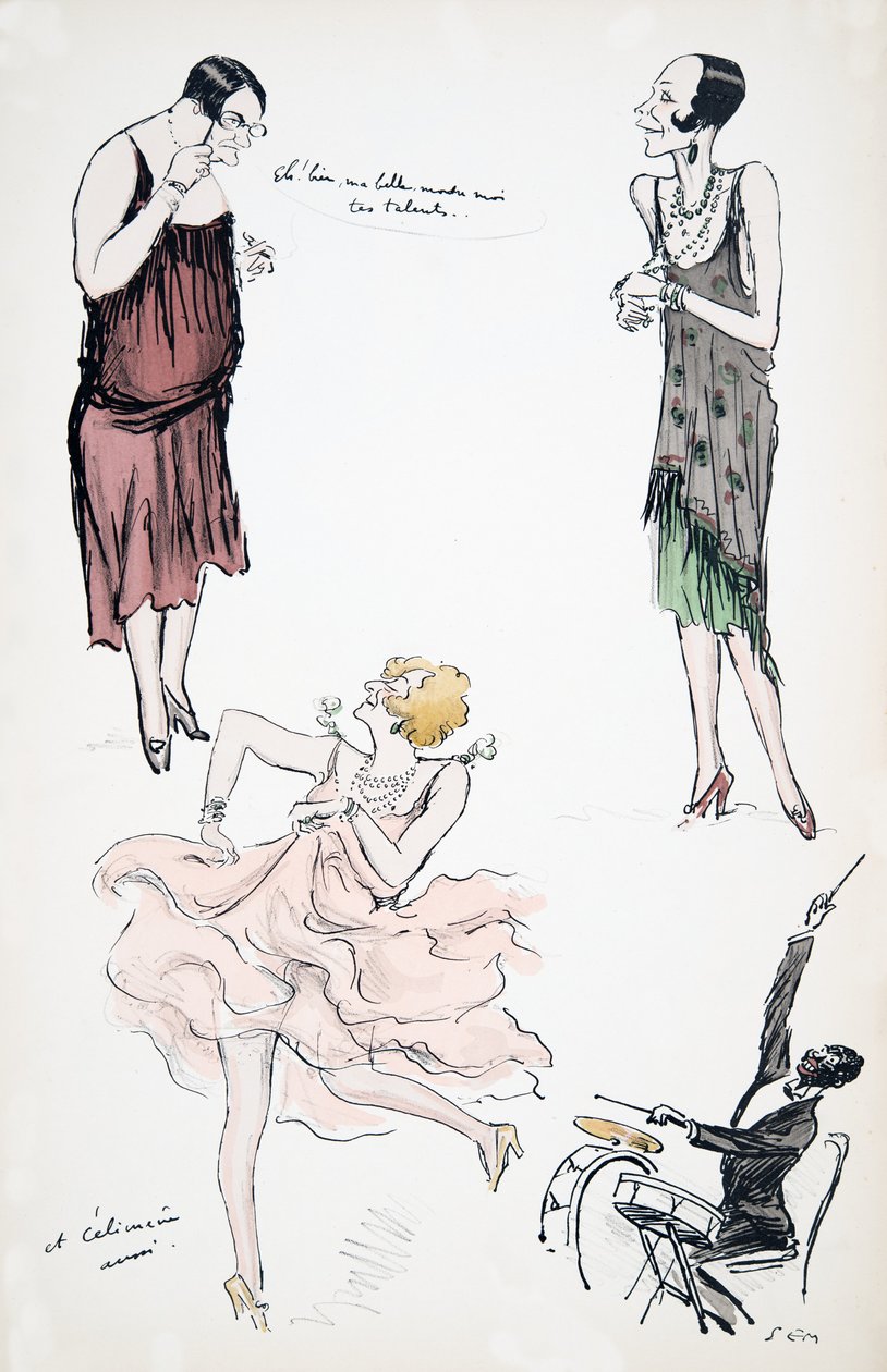Dva transvestité v diskuzi, zatímco další tančí na hudebníka na bubny z hospody White Bottoms. 1927 (barevný blokový tisk) od Sem