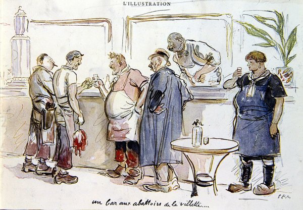 Bar na jatkách Villette, asi 1925-30 (barevná litografie) od Sem