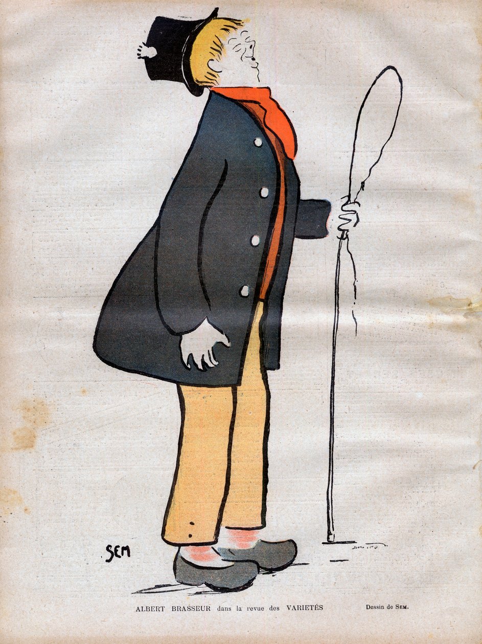 Albert Jules Dumont (1862-1932) dit Albert Brasseur, herec bulvárního divadla a operety v časopise Varietes - Karikatura SEM (Georges Goursat) (1863-1934) v „“ Le rire de 1902 - od Sem