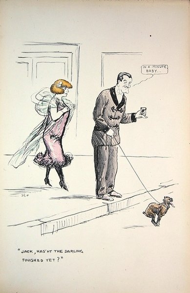 Pár čekající na psa, aby dokončil svůj obchod, kolem roku 1921 (barva litho) od Sem